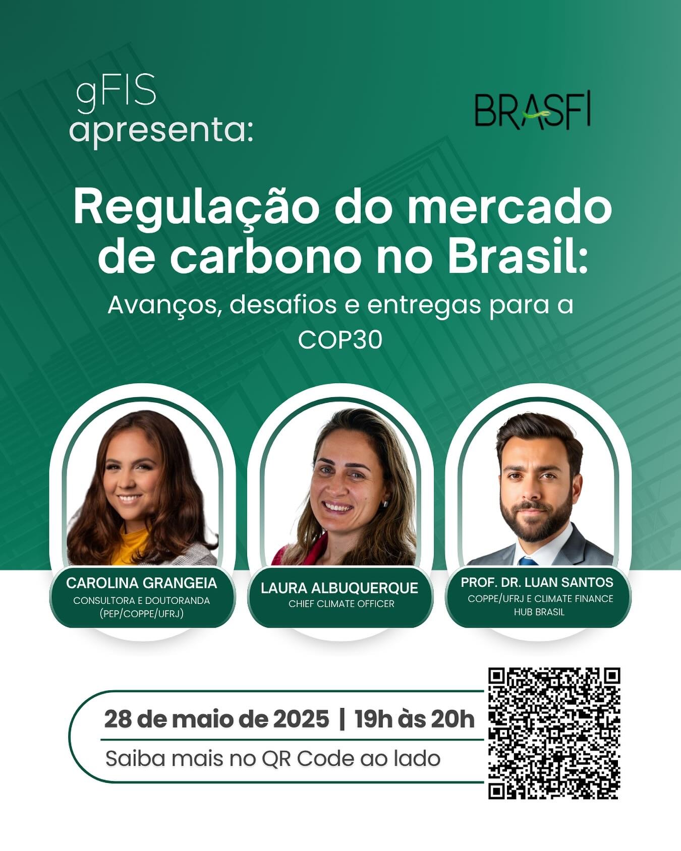 🌱 Webinar | Regulação do Mercado de Carbono no Brasil: Avanços, Desafios e Entregas para a COP 30 🌍
No dia 28/05, das 19h às 20h, a BRASFI promove o primeiro webinar externo da Trilha COP30, com o objetivo de discutir os caminhos do Brasil na regulação do mercado de carbono rumo à COP30.
📣 Participam do debate:
🔹 Laura Albuquerque – Chief Climate Officer, Future Climate Group
🔹 Prof. Dr. Luan Santos - Professor COPPE/ UFRJ, Coordenador do gFIS e Climate Finance Hub Brasil
🔹 Carolina Grangeia – Consultora e Doutoranda (PEP/COPPE/UFRJ)
A proposta é refletir sobre os avanços recentes, os desafios institucionais e as entregas estratégicas do país no contexto da Agenda 2030.
📌 Um momento imperdível para quem acompanha as pautas de clima, sustentabilidade e políticas públicas!
👉 Inscreva-se: https://lnkd.in/d9vTQfyQ
#GFIS #COP30 #MercadoDeCarbono #Sustentabilidade #Agenda2030 #Webinar #BRASFI #UFRJ #Clima